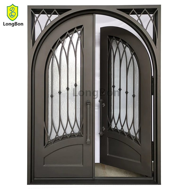 Entrance Doors Wrought Metal Front Door Glass Swing Iron Double Entry Doors Exterior Designs Modern for Home Steel Anti-theft