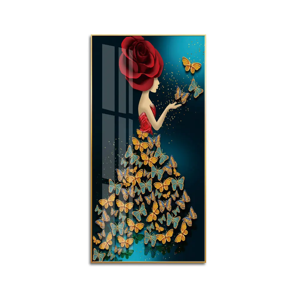 Modern 3D wall art print crystal porcelain glass painting with gold aluminum frame wall decoration wall art