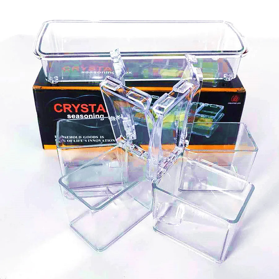 4 Grid Acrylic seasoning box with spoons Spice jar set Condiment cruet bottle Sealed seasoning storage box Kitchen supplies