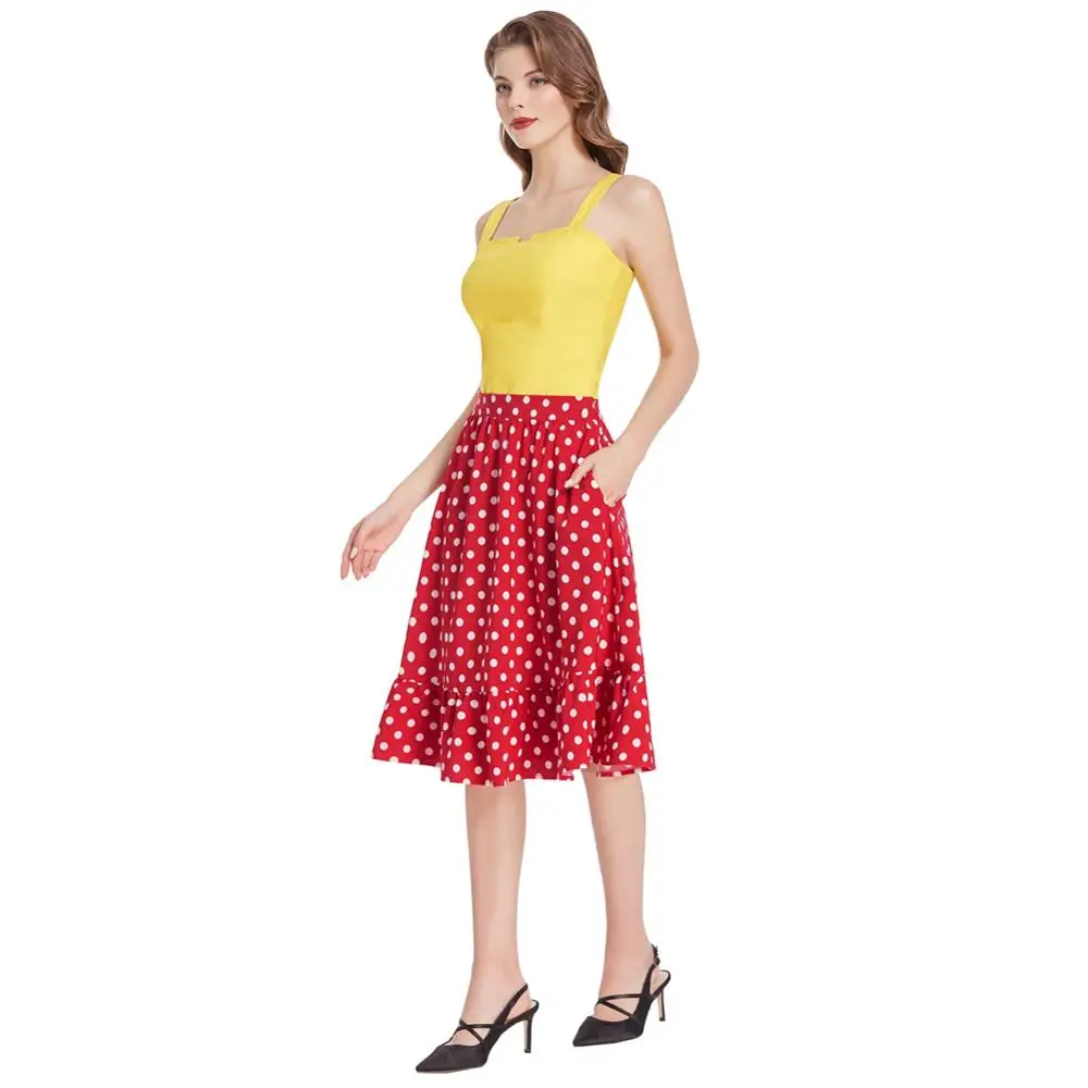 BPS02054 Belle Poque Womens Polka Dots Skirt With Pockets Elastic Waist Flared A-Line Vintage Skirts