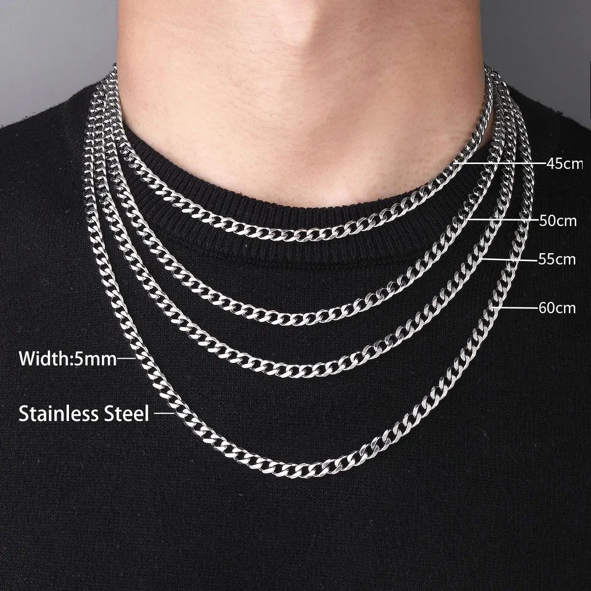 Hip Hop Stainless Steel Basic Curb Chain Necklace Wholesale Simple Multi-Size Cuban Chain Necklace