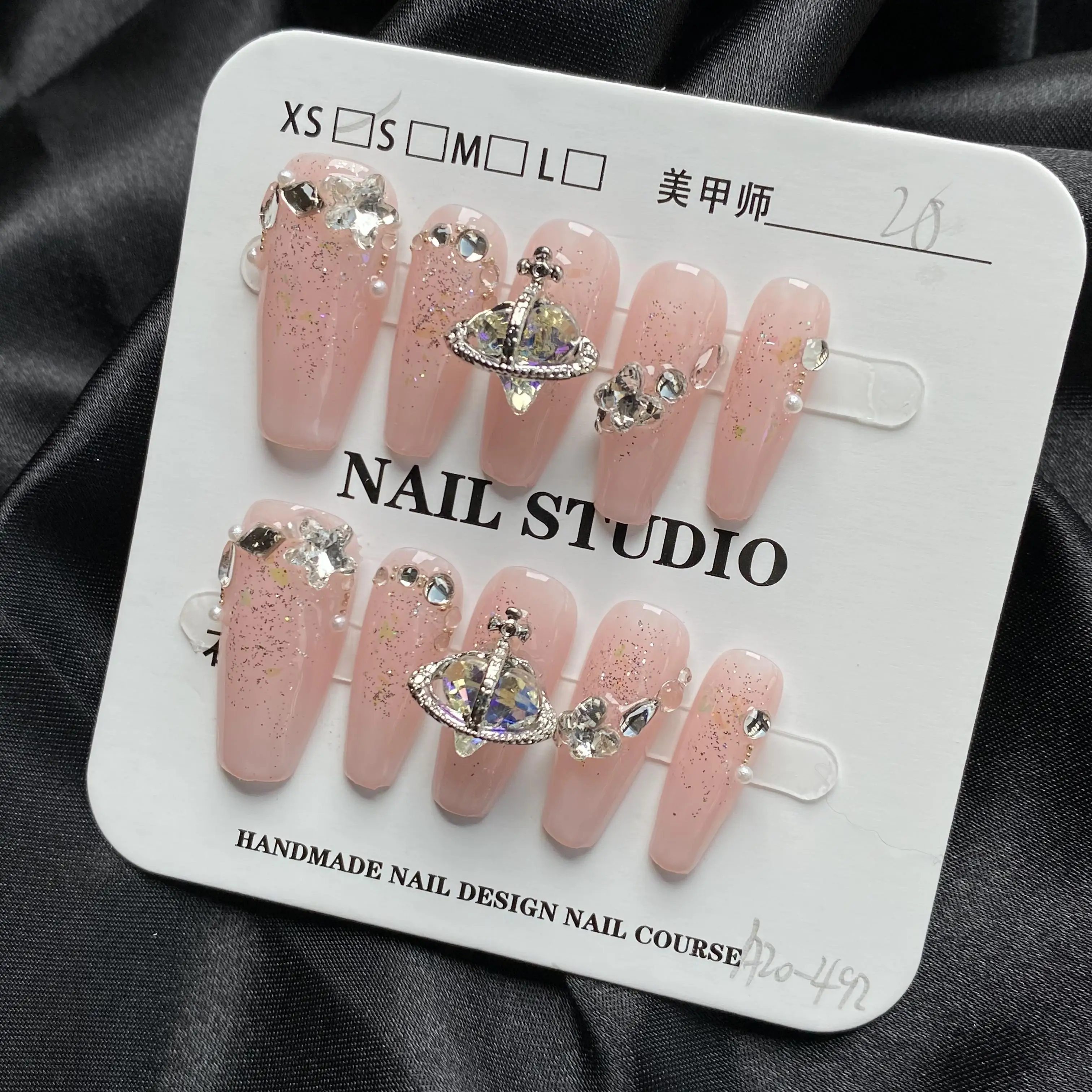 Wholesale High Quality Pink Nude Rhinestone Acrylic Fake Nails ABS Material Stylish Finger Application Press on Nails