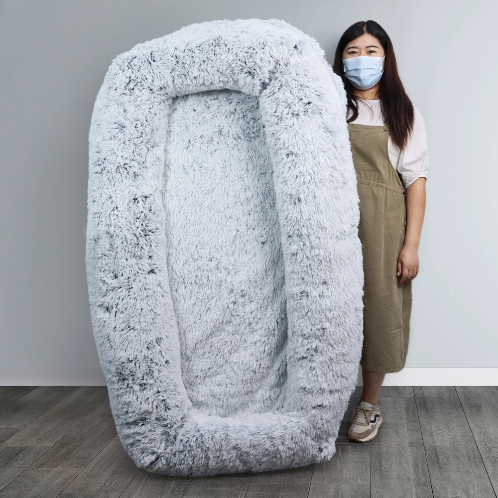 Custom Grey Faux Fur Fluffy Anti Anxiety Giant Dog Bed for Human Super Big Extra Large Luxury Cozy Pet Human Size Dog Bed