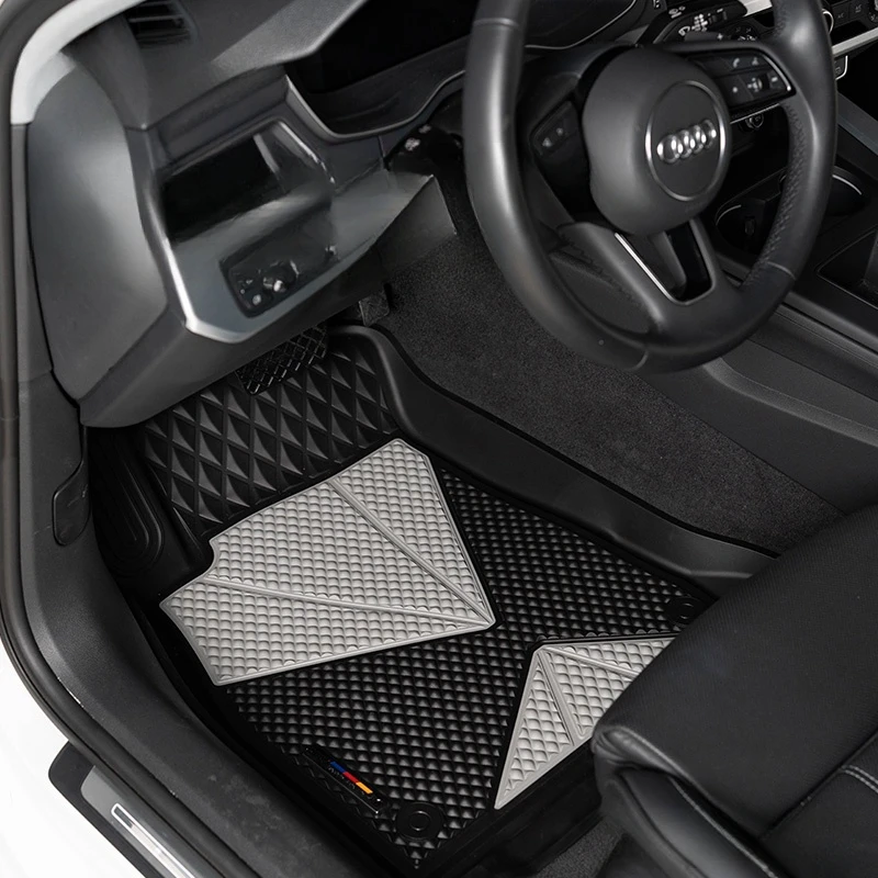 Customized Alloy LOGO LICHI Leather Car Mat Injection Molded Dual Color TPE 4pcs Car Foot Pad For Audi A4