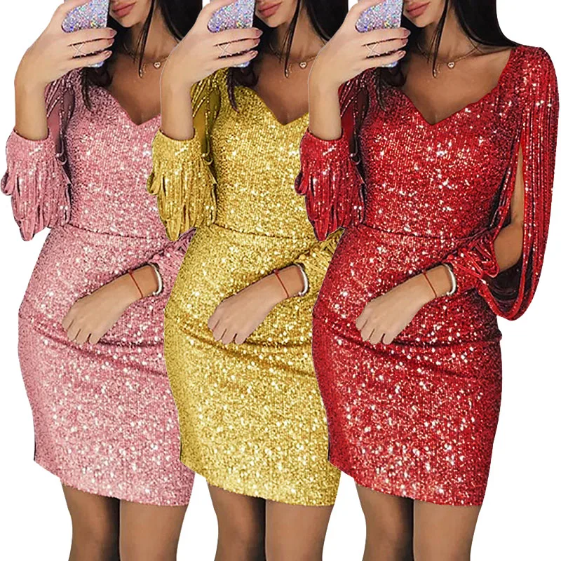 Hot selling clothing ladies  apricot fringe long sleeve shinning tassel elegant party dresses