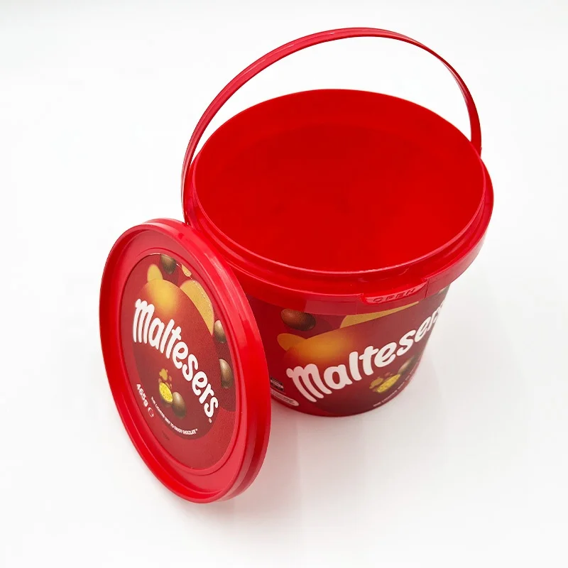 customized injection printing in mold label IML for plastic containers Round Bucket for Candy Cookie Chocolate Bucket
