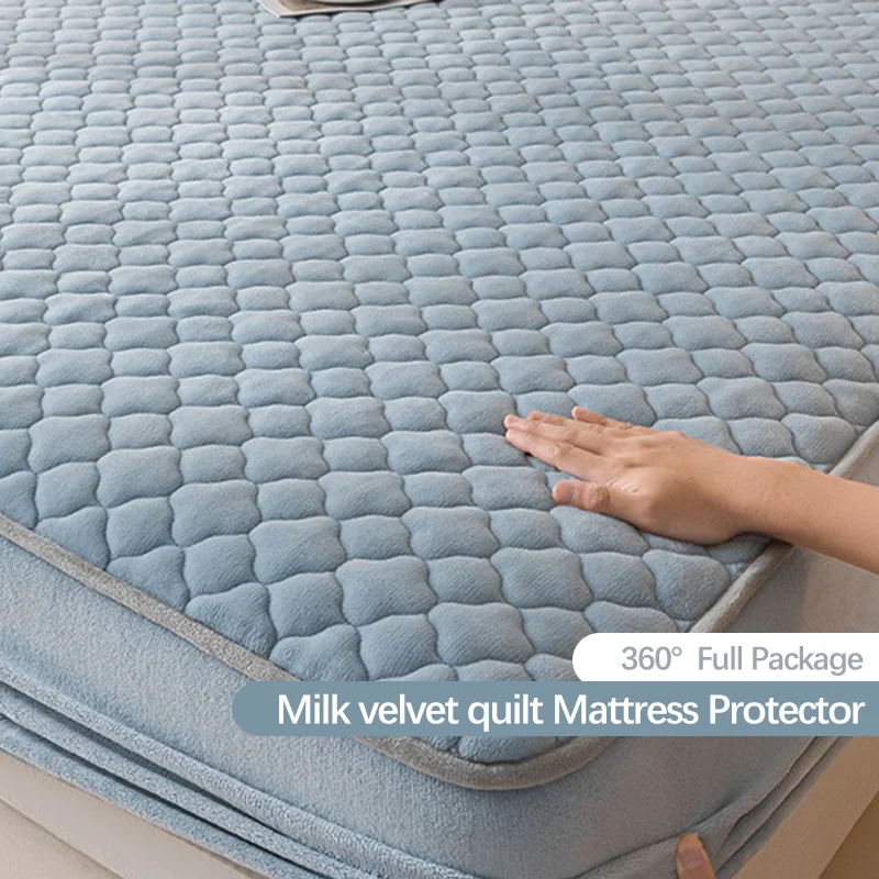 Velvet Soft Fluffy Waterproof Noiseless Fitted Flannel Sheet Milk Velvet Checkered Bedding Mattress Cover with Deep Pocket