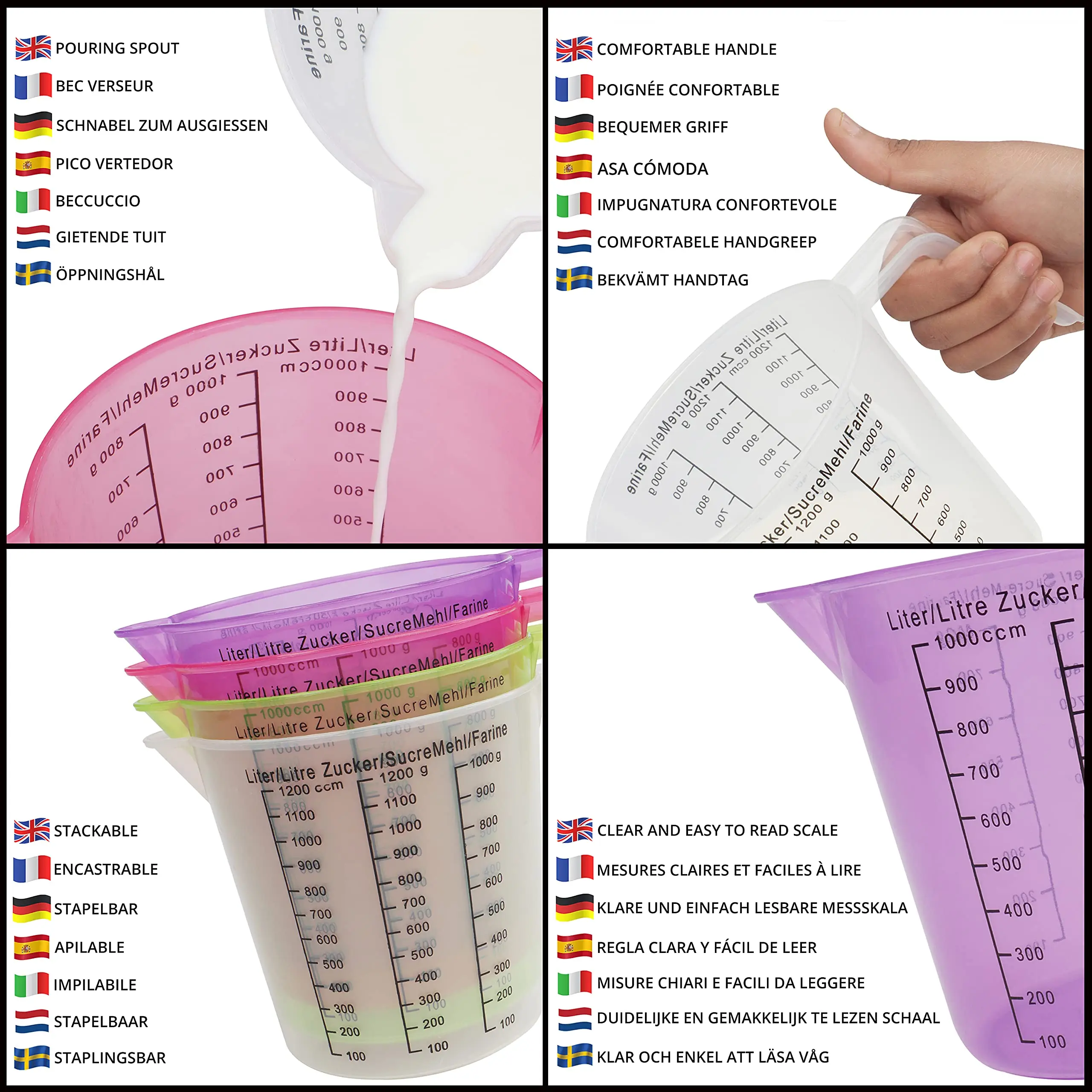 NISEVEN 4pcs/Set 1 Litre Plastic Measuring Cup BPA Free Stackable Measure Cup with Spout & Handle Clear Plastic Measuring Jug