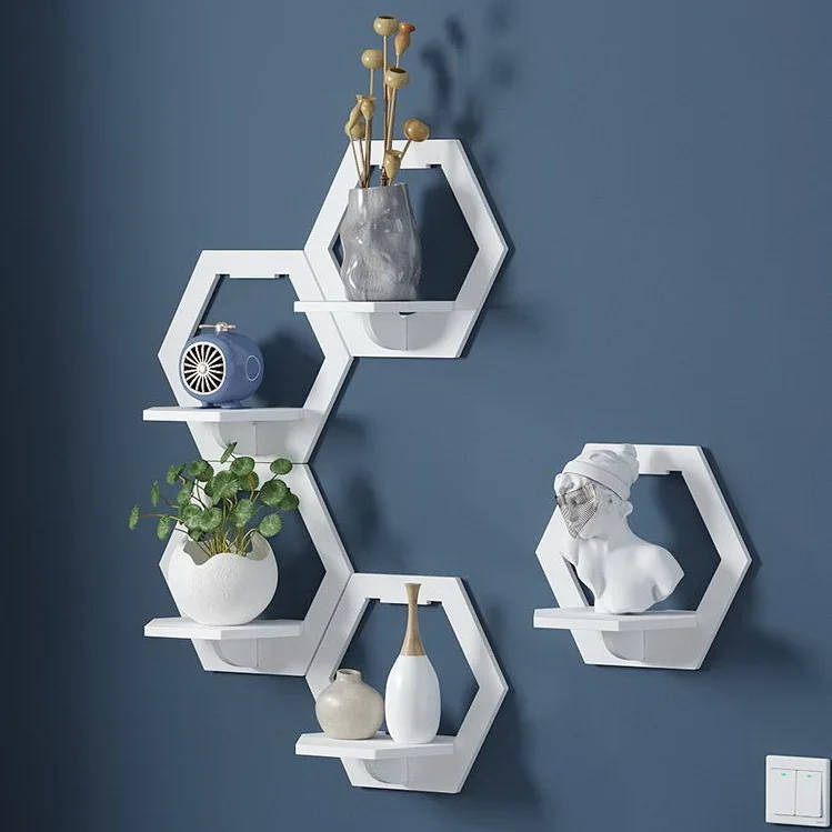 Wall-Mounted Hexagon PVC Floating Shelves Decorative Flower-Shaped Home Storage Rack for Room Decor Made of Plastic