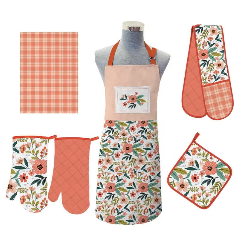 Personalized Custom Flower Pattern Printed Kitchen Chef Bib Apron Logo Cooking Design Oven Mitt Tea Towel Cotton Apron Sets