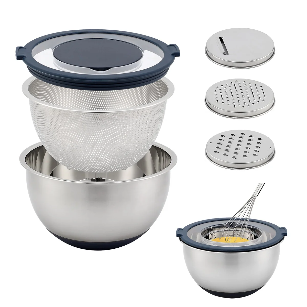 4-1 Colander with Bowl Set Colander Bowl 304 Stainless Steel Mixing Salad Bowl with Strainer Colanders Sets Storage Drain Basket