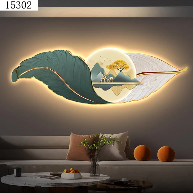 Feather mural with light diamond paintings laser engraving crystal porcelain painting wall art home decor