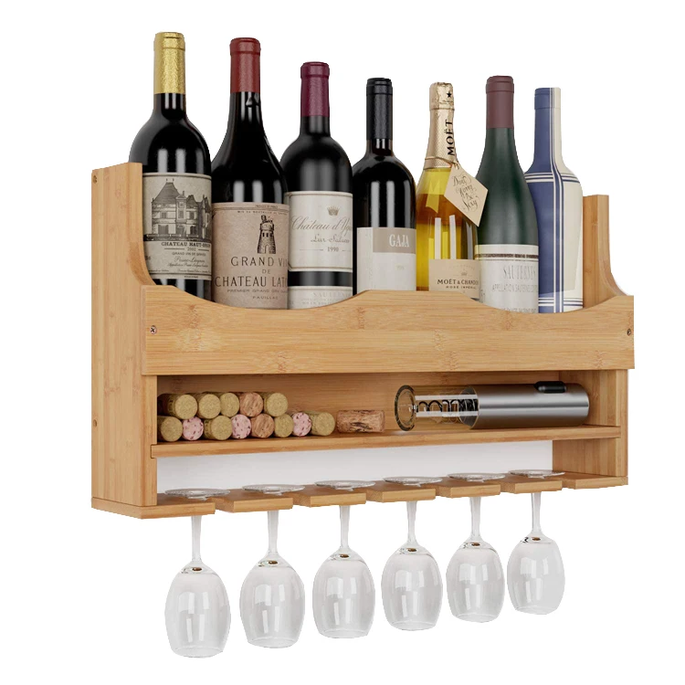 Бамбуковая настенная Винная стойка, держатель для винных бутылок с подвесным набором стаканов и пробкой для хранения вина