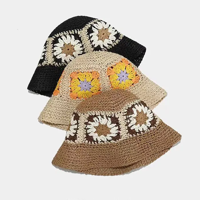 Wholesale women summer beach straw hats custom knit crochet bucket hat