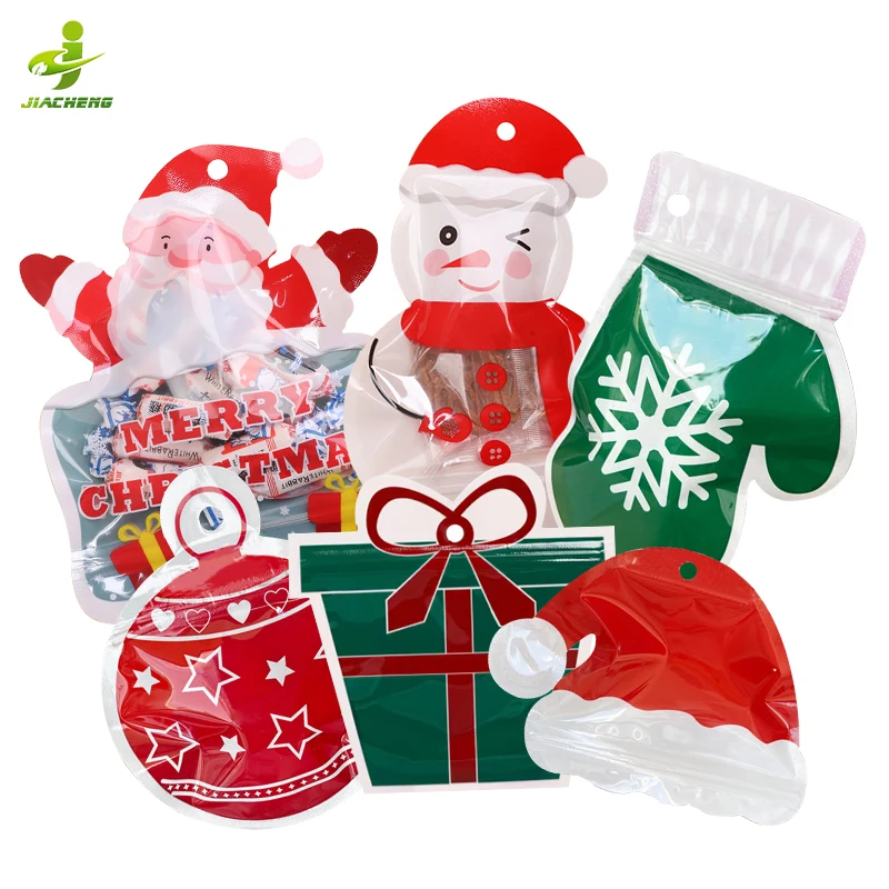 Custom reusable plastic packaging holiday style funny shape ziplock mylar bags snack sweet candy gift christmas bags with zipper