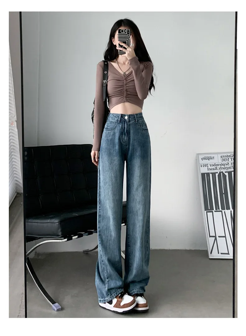 High Waist Jeans Fashion Women Clothing Blue Black Straight Leg Denim Pants Trousers Mom Jean Baggy Trousers Tall