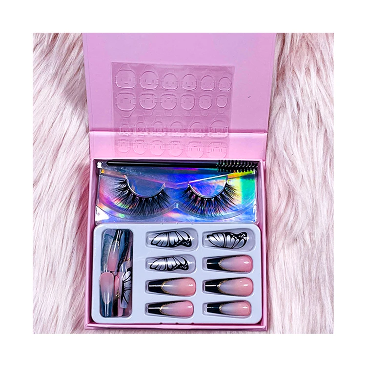 New Arrival Matte Pink Eyelash Packaging Free Sample Women Luxury Press on Nails and Fake Faux Mink Eyelashes Lash Set