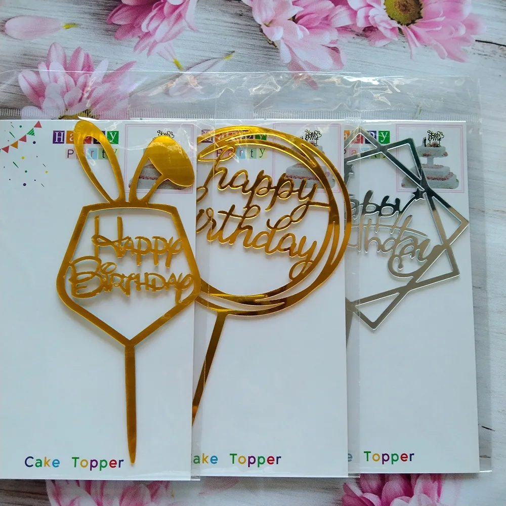 Gold acrylic cake topper cupcake happy birthday decoration Dessert Cake Decoration Cake Toppers