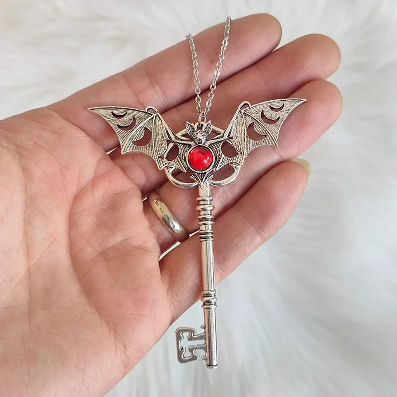 Witch Moon Phase Bat Key Pendant For Women Wicca Goth Necklace Jewelry