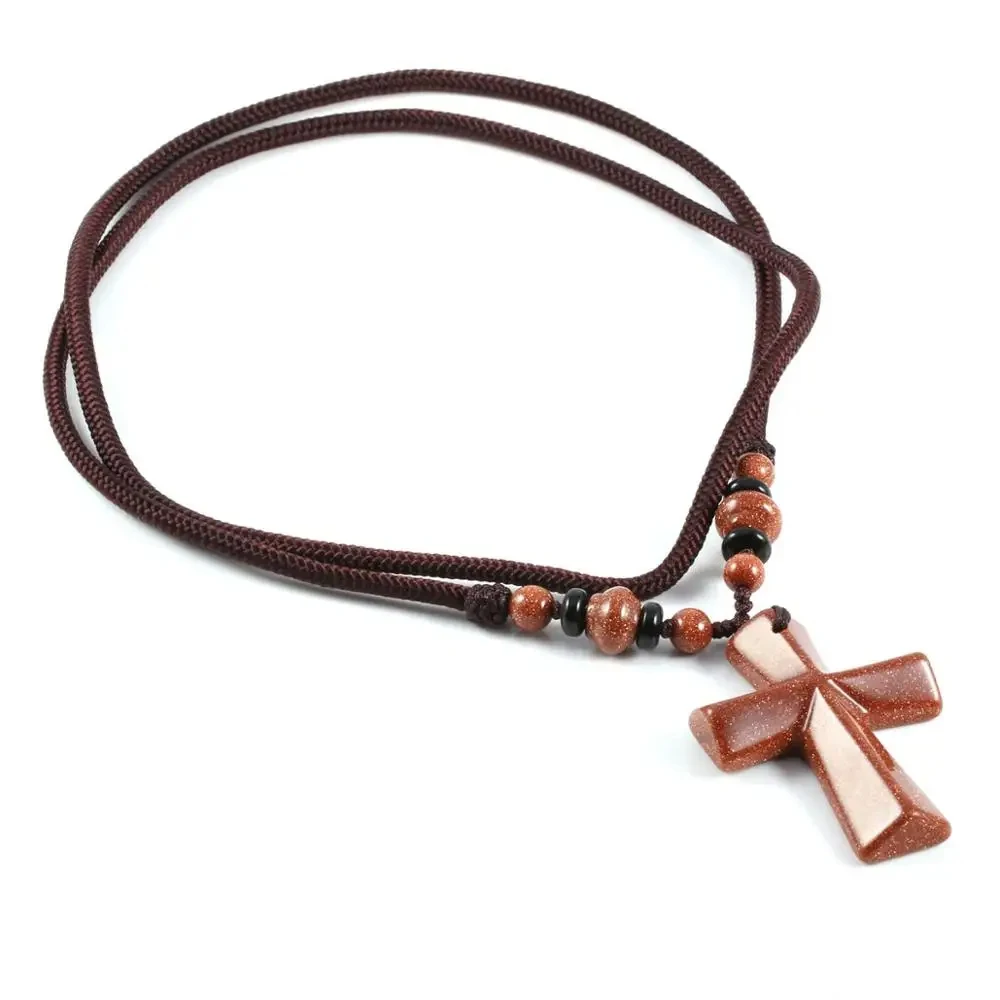 Handmade Cord String Catholic Religion Prayer Gift Natual Stone Jade Tiger Eye Cross Pendant Necklaces