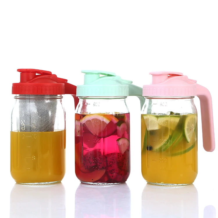 Hot Selling 32oz/64oz Glass Drinking Pitcher with Pour Spout Lid Handle 1000ml/2000ml Wide Mouth Beverage Mason Jar Tea Pot