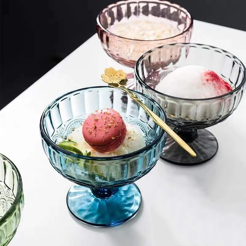 Vintage Pressed Pattern Colorful Glass Sweet Dessert Bowls 10 Ounce Glass Ice Cream Sundae Cups for Trifle Fruit Salad Cocktail