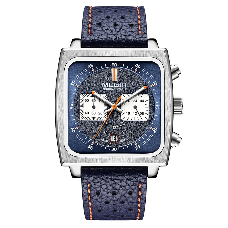 2024 Fashion Square Case 52MM Large Size Leather Stainless Steel Chronograph Quartz Watch For Men