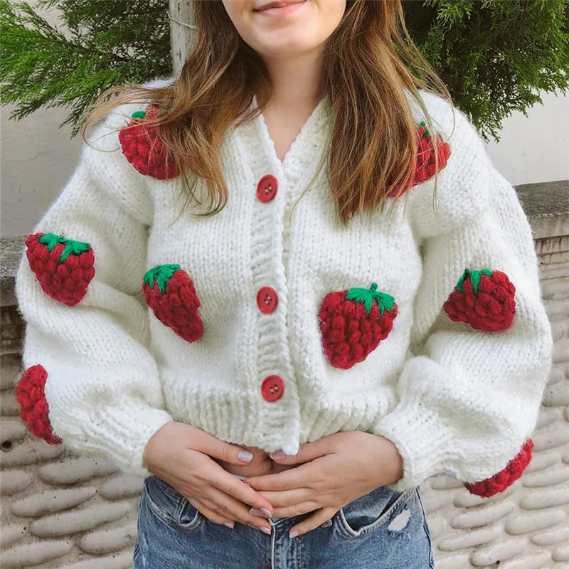 Wholesale winter sweater women ladies lantern sleeve strawberry white knit cardigan sweater