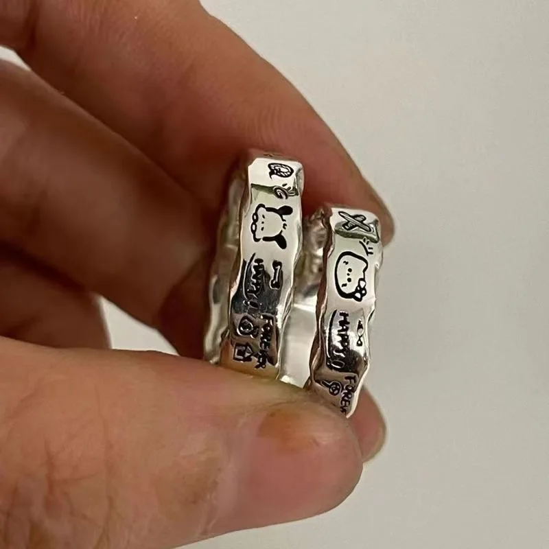 Cartoon Doodle Couple Rings For Women Men Cute Hello Kitty Pochacco Opening Finger Ring Daily Jewelry Accessories