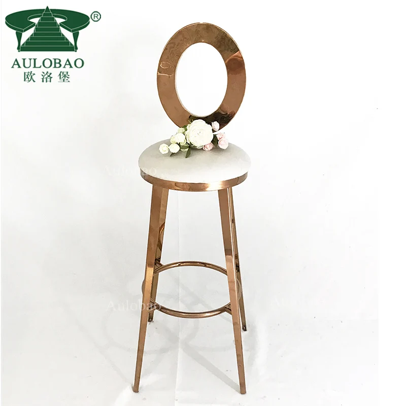 Party rental rose gold stainless steel round high back leather bar stool