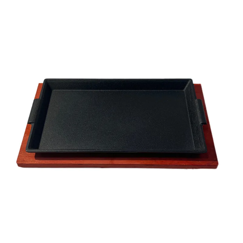 Hot sale Kitchenware Non-stick Korean Steak iron plate black rectangle binaural Cast Iron Sizzler Plate with Wooden Tray