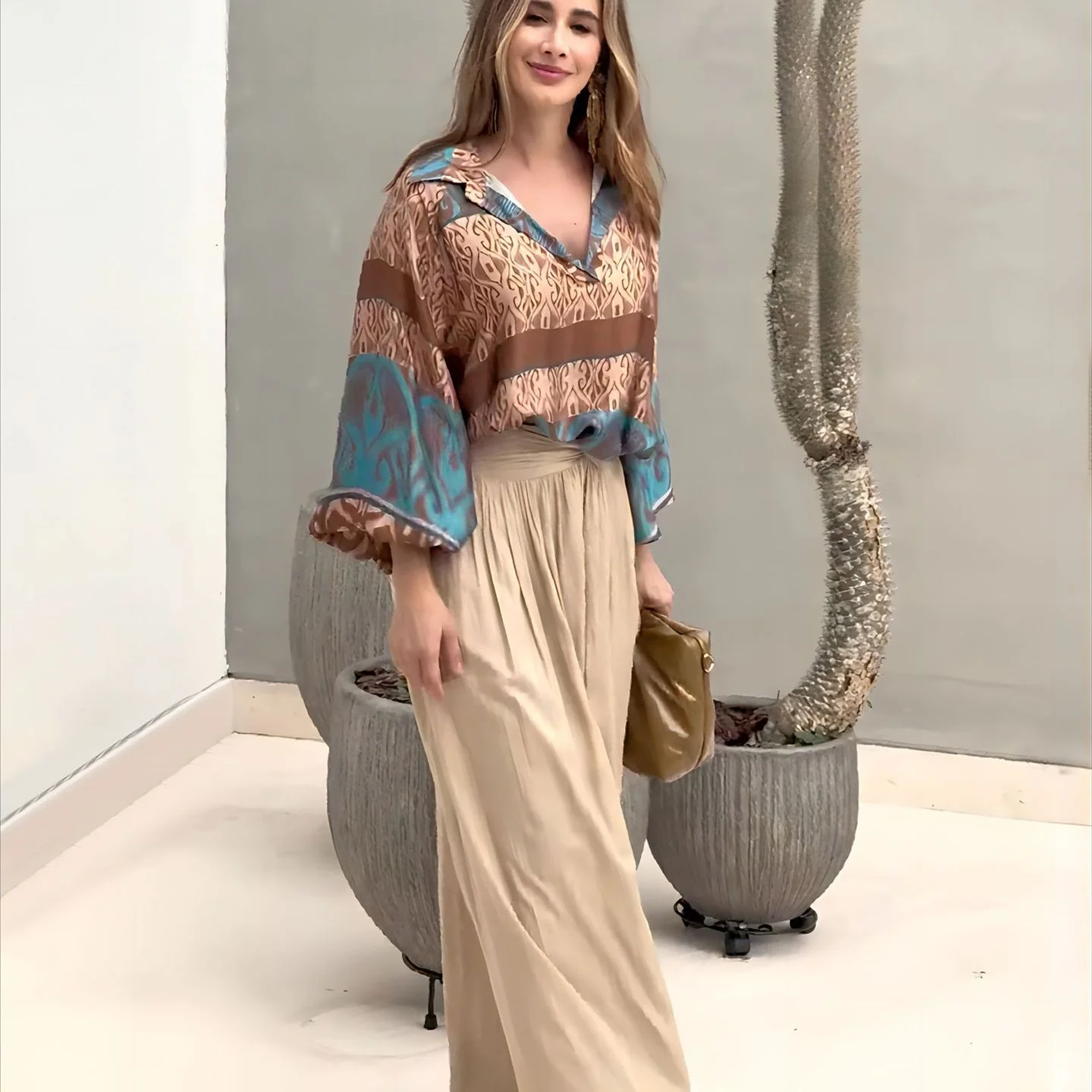 European and American Style Fashion Blouse Printed Long Sleeve Loose Shirt Sag Super Good Casual Pants Can Work Two Sets