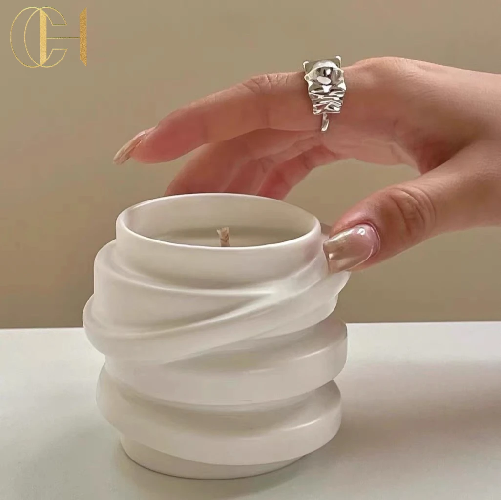 C&H luxury white ivory color candle with soybean wax cotton wick ceramic cement candle with fragrance
