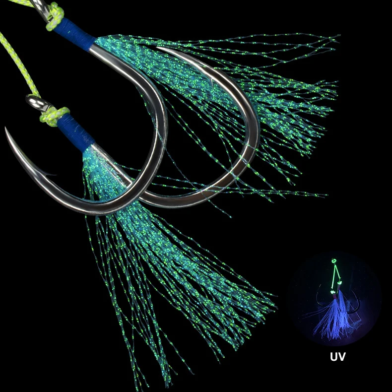 Wholesale Bulk BKK 8062 jigging assist hooks with glow silk 1/0 - 7/0 deep sea fishing hooks