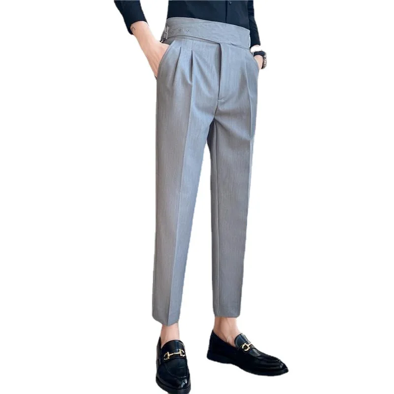 High Quality Personality Belt Non-iron Slim Straight Trousers Korean Business Casual Suit Pants Work Office Party Dress Pants