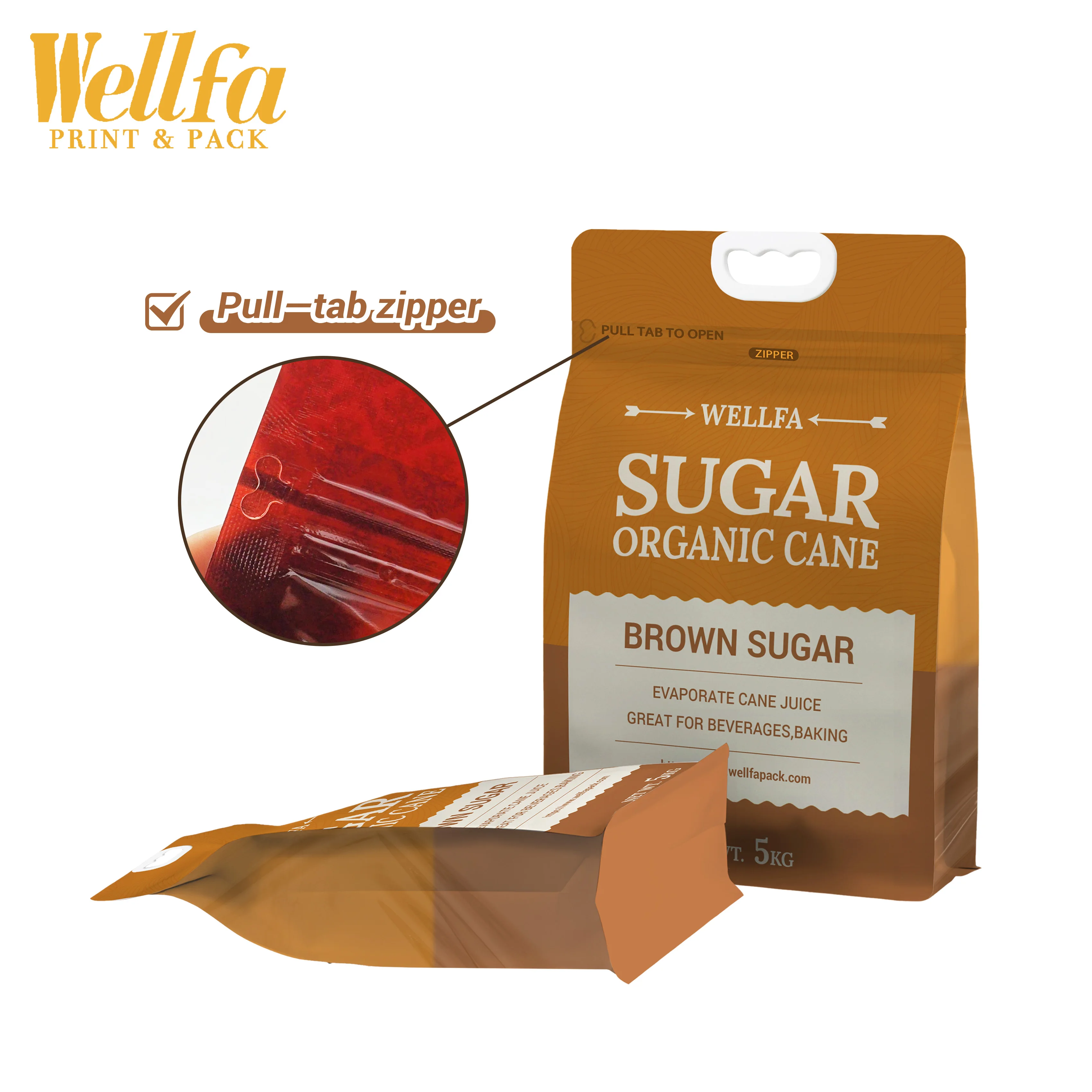 Custom Printed 500g 1kg 5kg Zipper Coffee Powder Salt Sachet Packaging Pouch Plastic Empty Flat Bottom Empty Brown Sugar Bags
