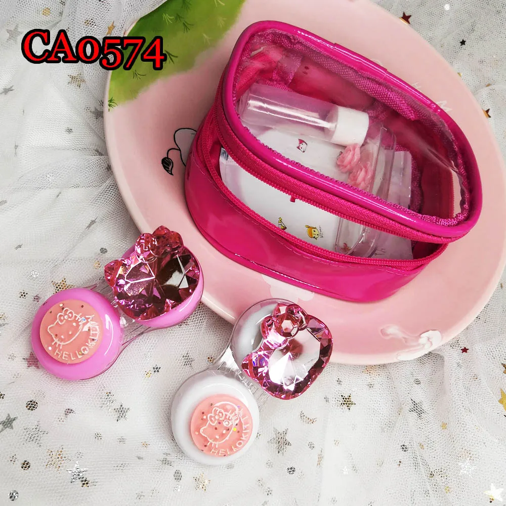 VIVIGO special pink sweety KT with diamond 2pairs set contact lens case, PU bag CA0574