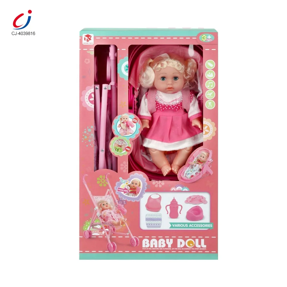 Chengji wholesale cheap pretend play drink water pee foldable pram cradle set baby 14 inch iron doll stroller toy