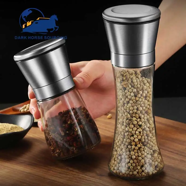 Best selling adjustable particle size 304 stainless steel manual spice grinder pepper mill glass bottle set
