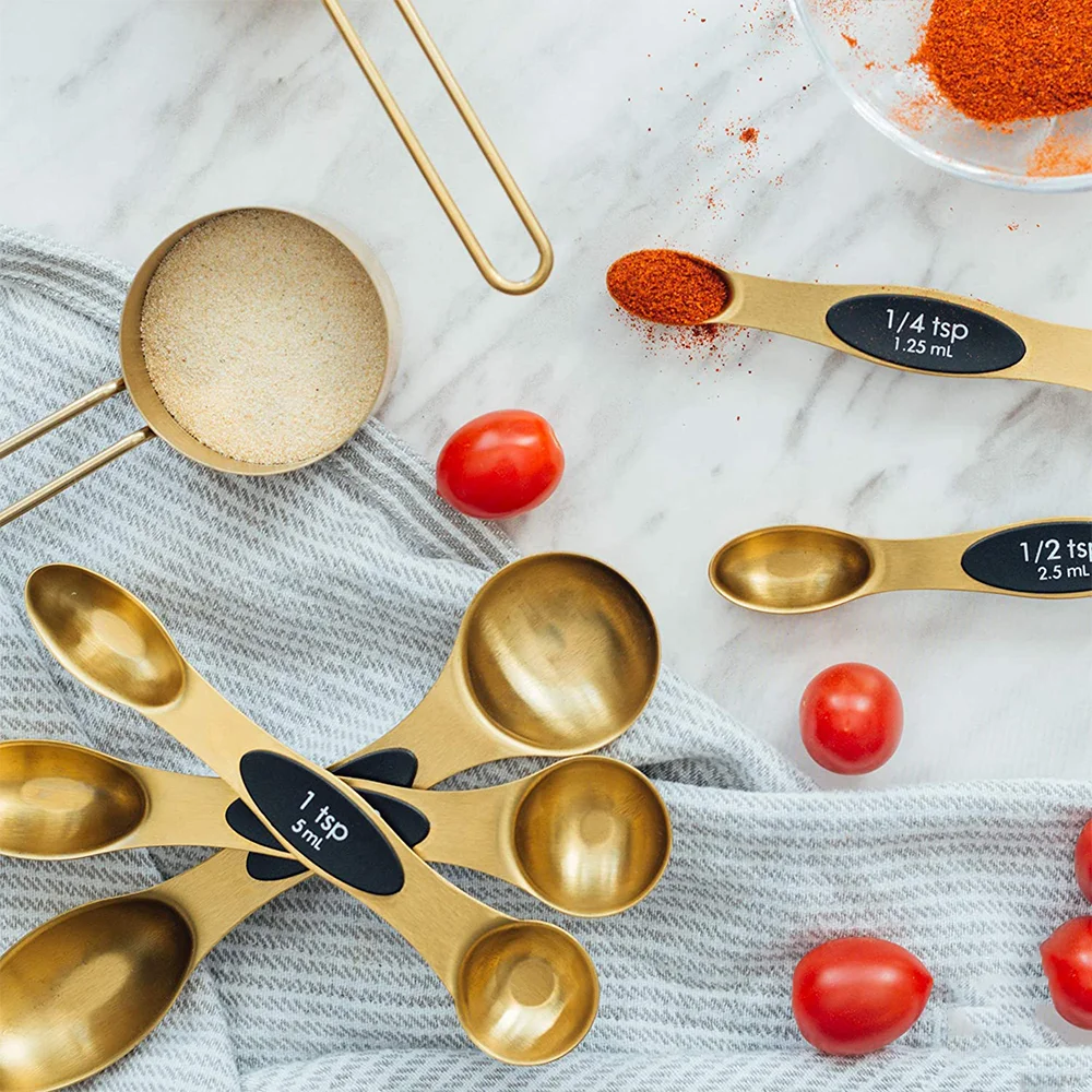 
eco friendly Magnetic rose gold kitchen measuring spoon set stainless steel Dual Sided Stackable spoons for Cooking Baking 