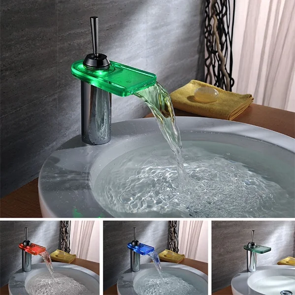Bathroom Faucet LED Light 3 Colors Changing Waterfall Glass Spout Hot and Cold Water Mixer LED New Kitchen water Mixer