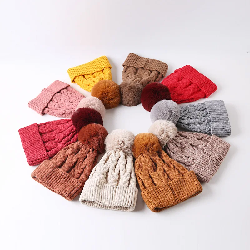 
Thick and Warm Knitting Hat Winter Mom And Baby fur pompom Kids Hat Knitted 