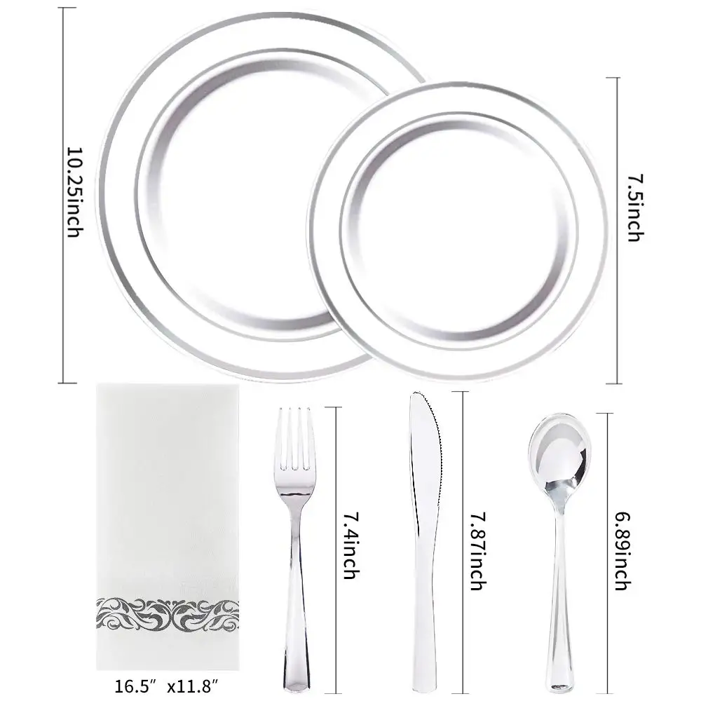 Silver rim Dinnerware Set Disposable - 25 guest Plastic Plates sets, Silverware, with Cups, Linen Like Napkin