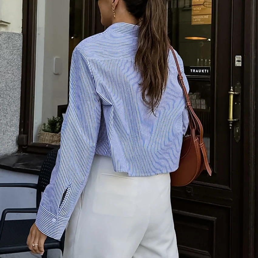 OOTN Casual Pockets Sexy Crop Tops Women 2024 Autumn Long Sleeve Office Lady Blue Shirts Blue Stripe Shirts For Women