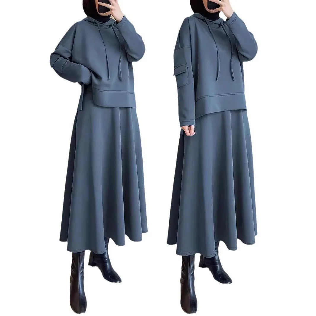 Fall new Middle East Muslim hooded top skirt two-piece set of modest Islamic clothing