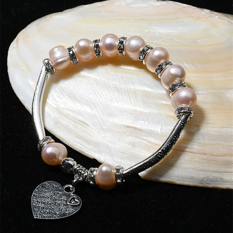 Ladies Alloy Multicolor Pearl Bead Bracelet Freshwater Charm Heart Design Cuff Pearl Bracelet Bangles