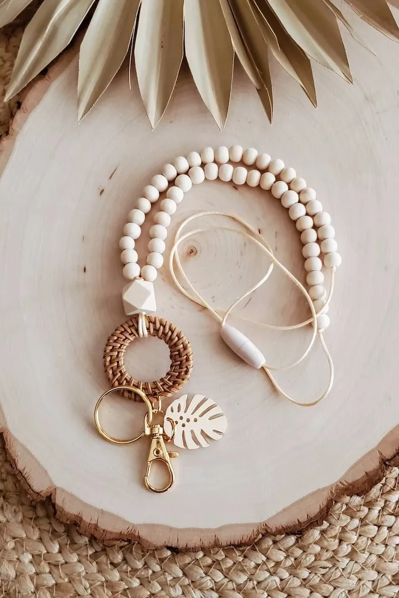 CUSTOM BOHO LANYARD Rattan Wooden Beaded Lanyard With Leaf for Teacher Necklace Handwoven