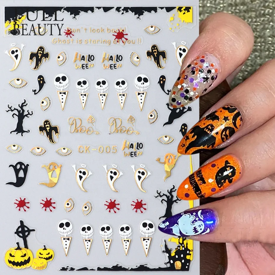Hot Selling 3D Nail Charms Gold and Silver Skull Ghost Spider Web Halloween Nail Stickers