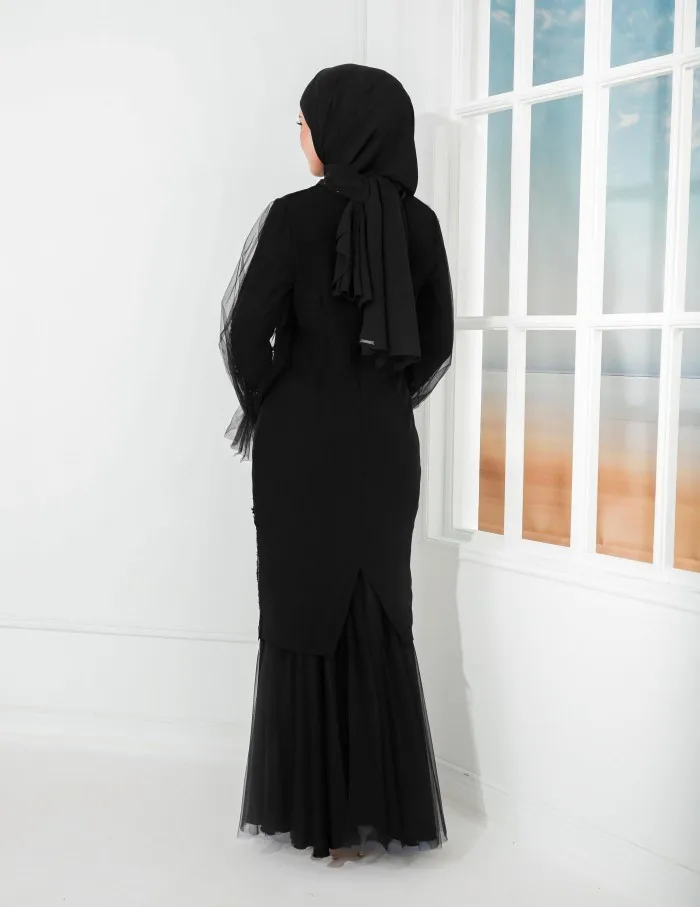 SIPO Premium Chiffon with Beads Lace Embroidery Design Solid Color Long Sleeves Half Net Fabric for Malaysia Muslim Baju Kurung