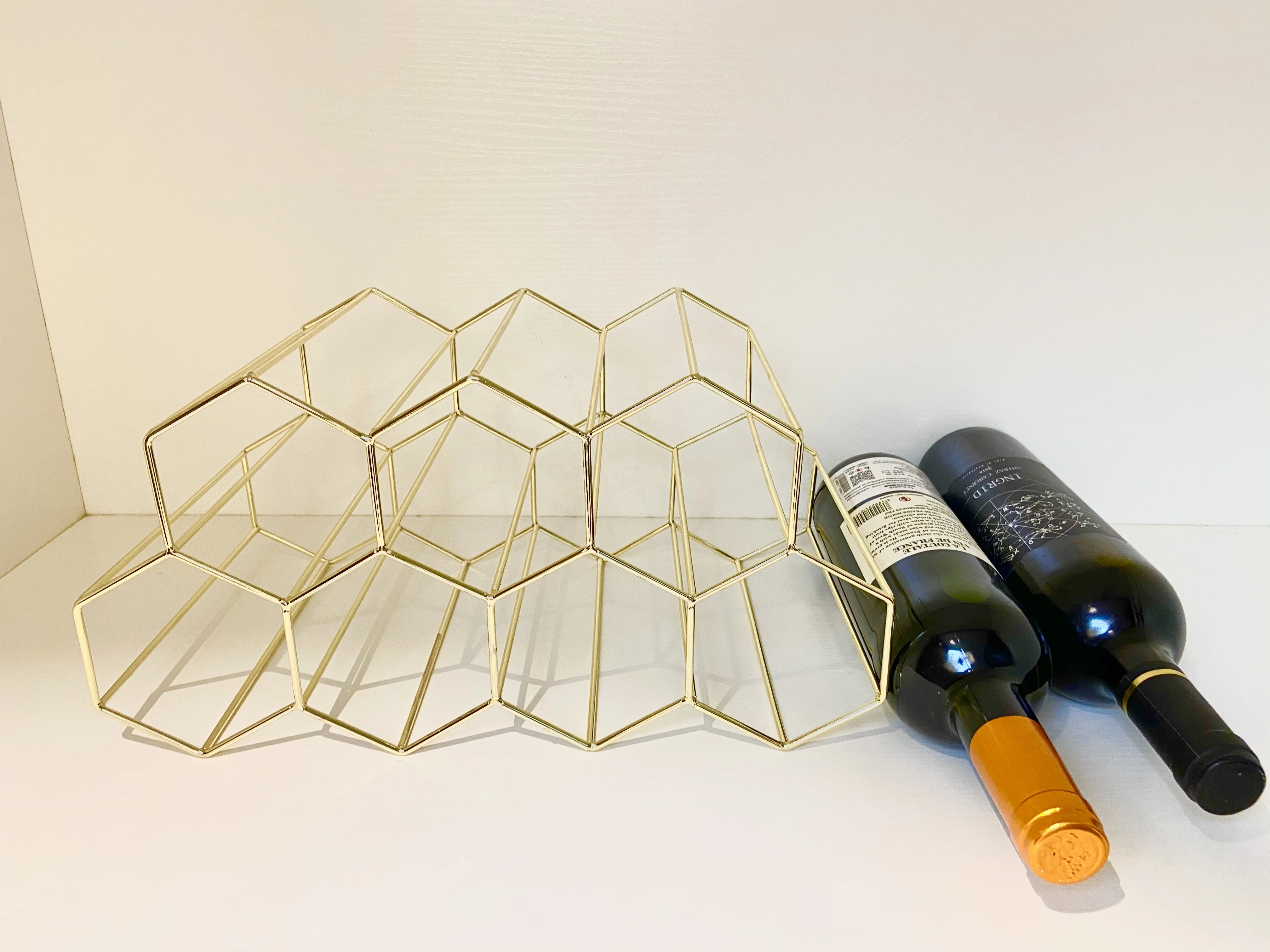 550-10C Home Decor  Honeycomb Shape Metal Gold 7 Bottles Wine Rack Holder Stackable Free Standing